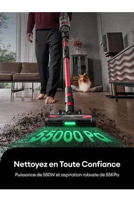 Aspirateur balai Ultenic U16 F – Aspirateur Balai sans Fil – 550W – 45Kpa – Autonomie 60 min – brosse anti-emmêlement – Écran LED – Tube flexible – Gris et Rouge